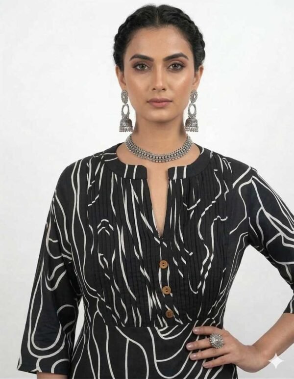 Premium Silk Blend Black Printed Kurti - Abstract Ethnic Wear
