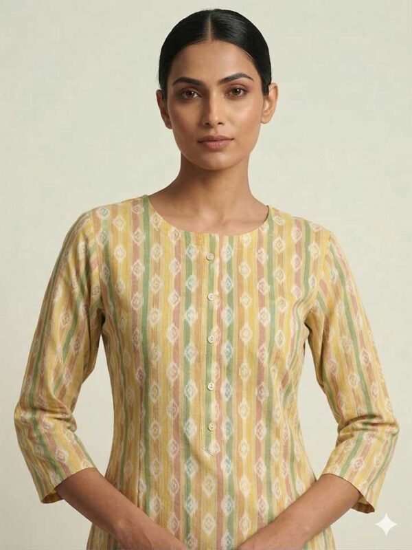 Cotton Yellow Kurti with Vertical Ikat Inspired Print