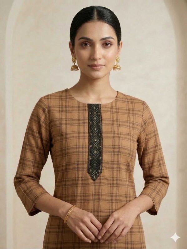 Checkered Brown Cotton Long Kurta