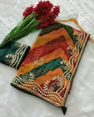 Royal Amber Green Designer Soft Georgette Designer Saree with Embroidered Work Blouse