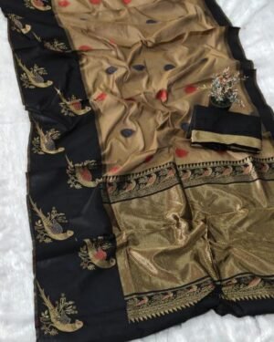 Beige and Black Brasso Silk Saree with Bird Motif Pallu